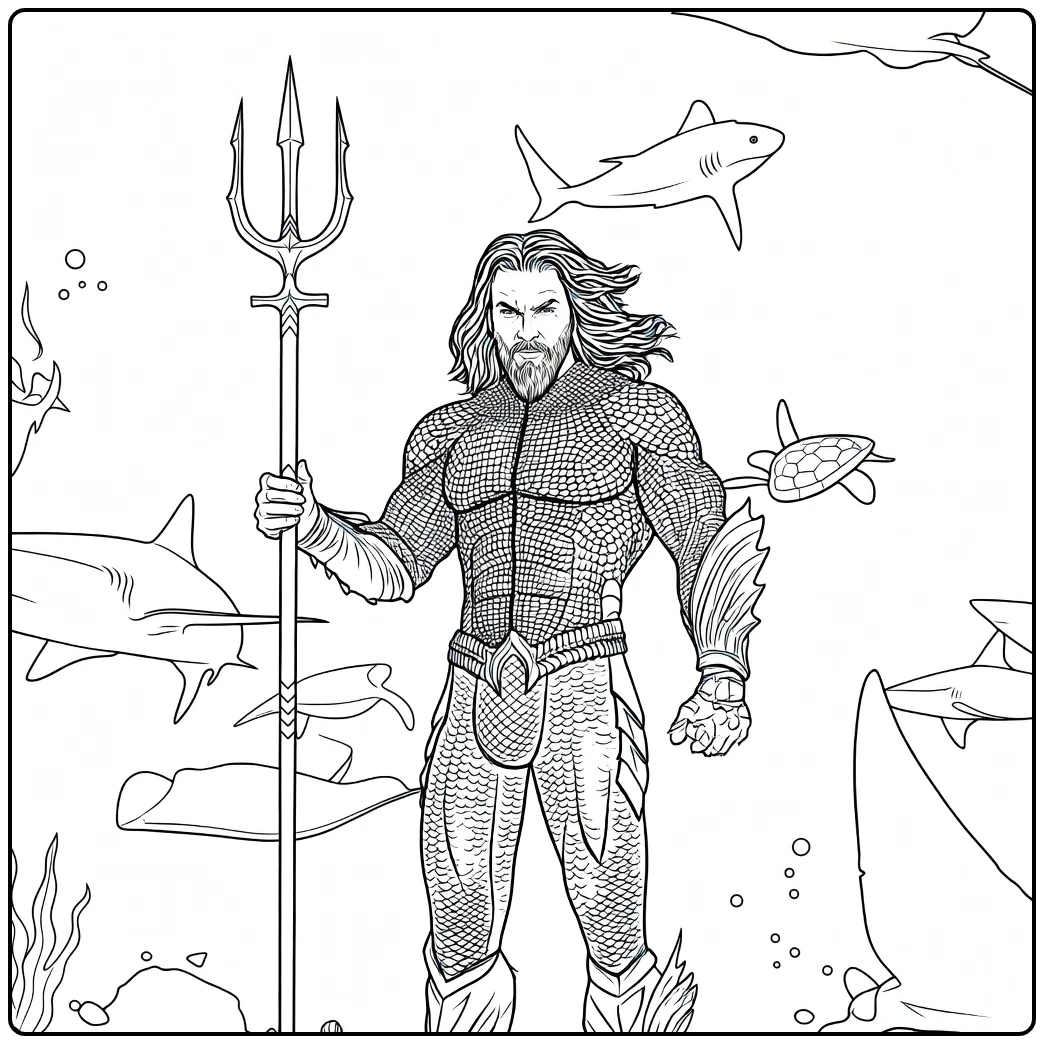 Aquaman Kleurplaat van een gespierde man met lange haren en baard die een drietand vasthoudt, omringd door haaien en zeeschildpadden