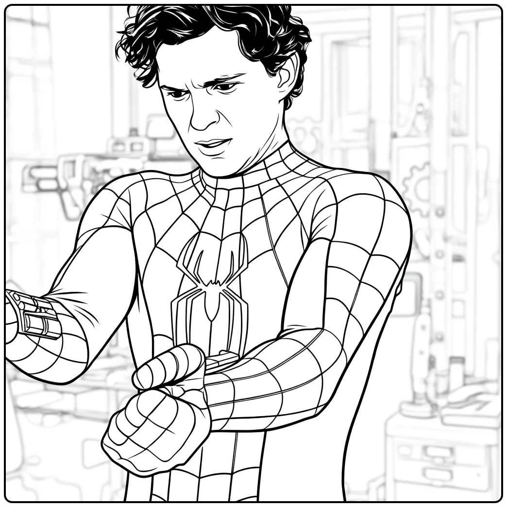 Spider Man Brand New Day Kleurplaat van een jonge man in een rood-blauw webpak die een apparaat bedient