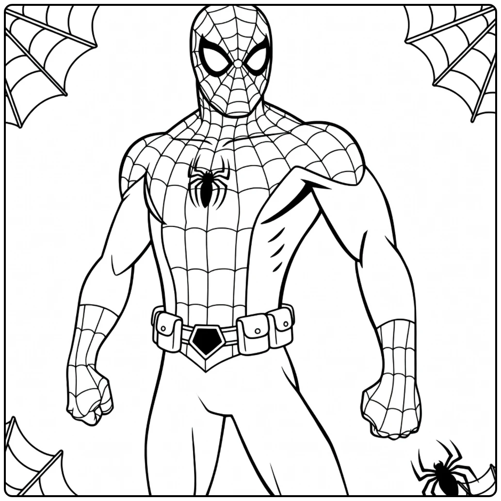 Gespierde man in strak rood-blauw pak met zwart webpatroon en embleem op de borst spiderman kleurplaat