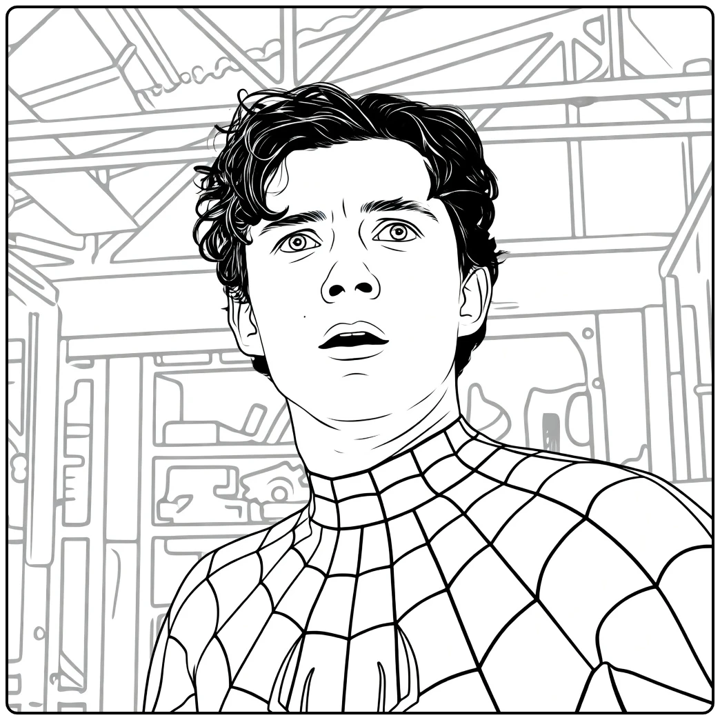 Spider Man Brand New Day Kleurplaat met een jonge man in webpak die omhoog kijkt