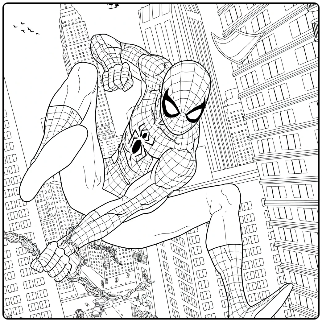 spiderman kleurplaat van een gemaskerde held in swingende pose met webstrengen tussen wolkenkrabbers