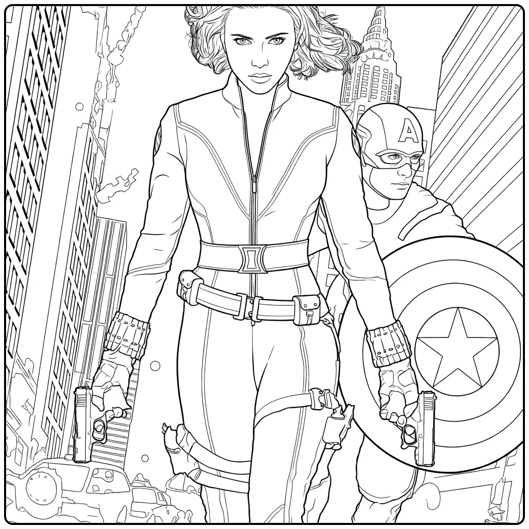 Black Widow Kleurplaat met een roodharige vrouw die met twee pistolen vooruitloopt en een man met rond schild op de achtergrond