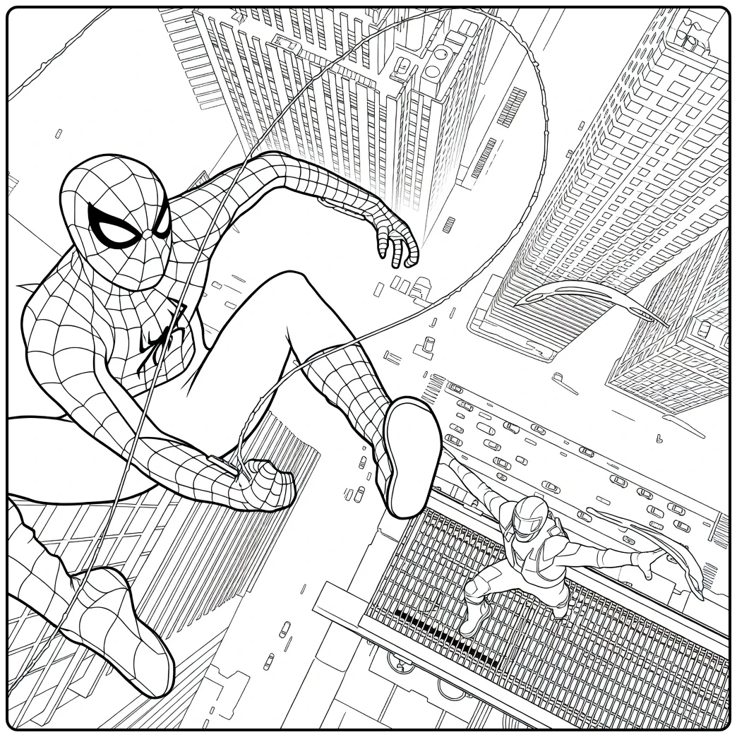 Twee figuren in actie: een zwaaiende held en een andere op een richel boven de stad Spider Man Brand New Day kleurplaat
