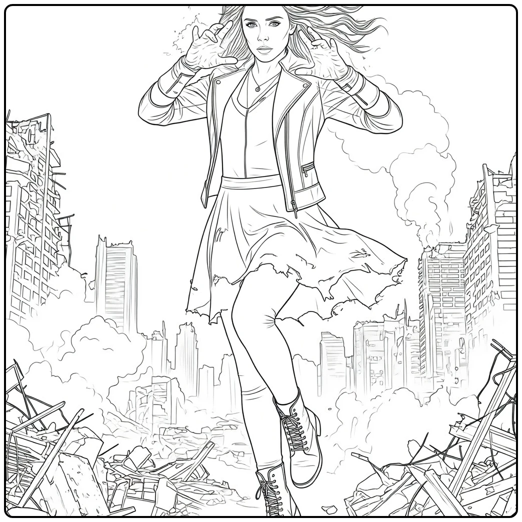 Jonge vrouw met lang donker haar in sprong met energie handen Scarlet Witch Kleurplaat