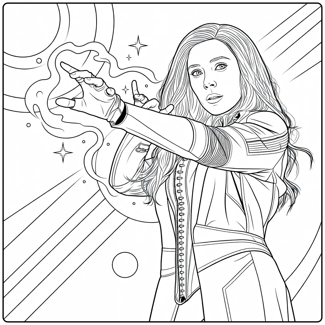 Vrouw met lange haren en uitgestrekte armen met energie-effecten in een Scarlet Witch Kleurplaat