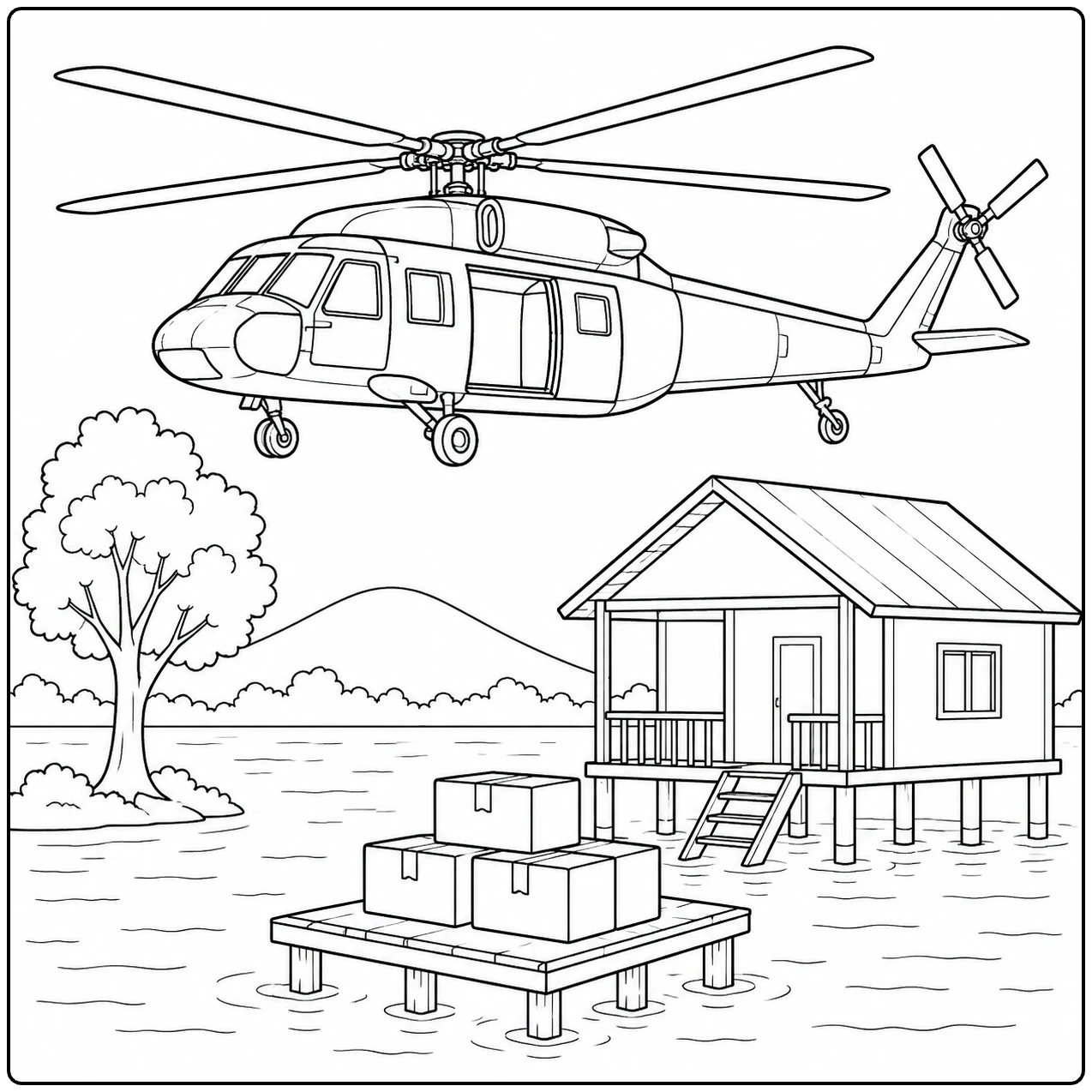 Helikopter vliegt langs een huis op palen met dozen op een houten aanlegsteiger