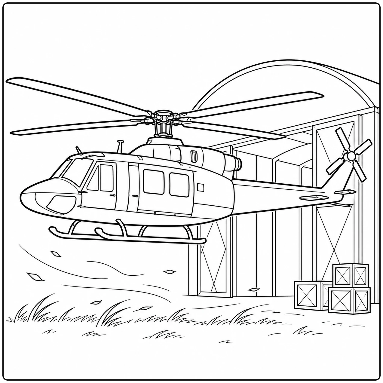 Helikopter bij een open hangar met zichtbare deuren, vrachtkisten en een vlak grasveld