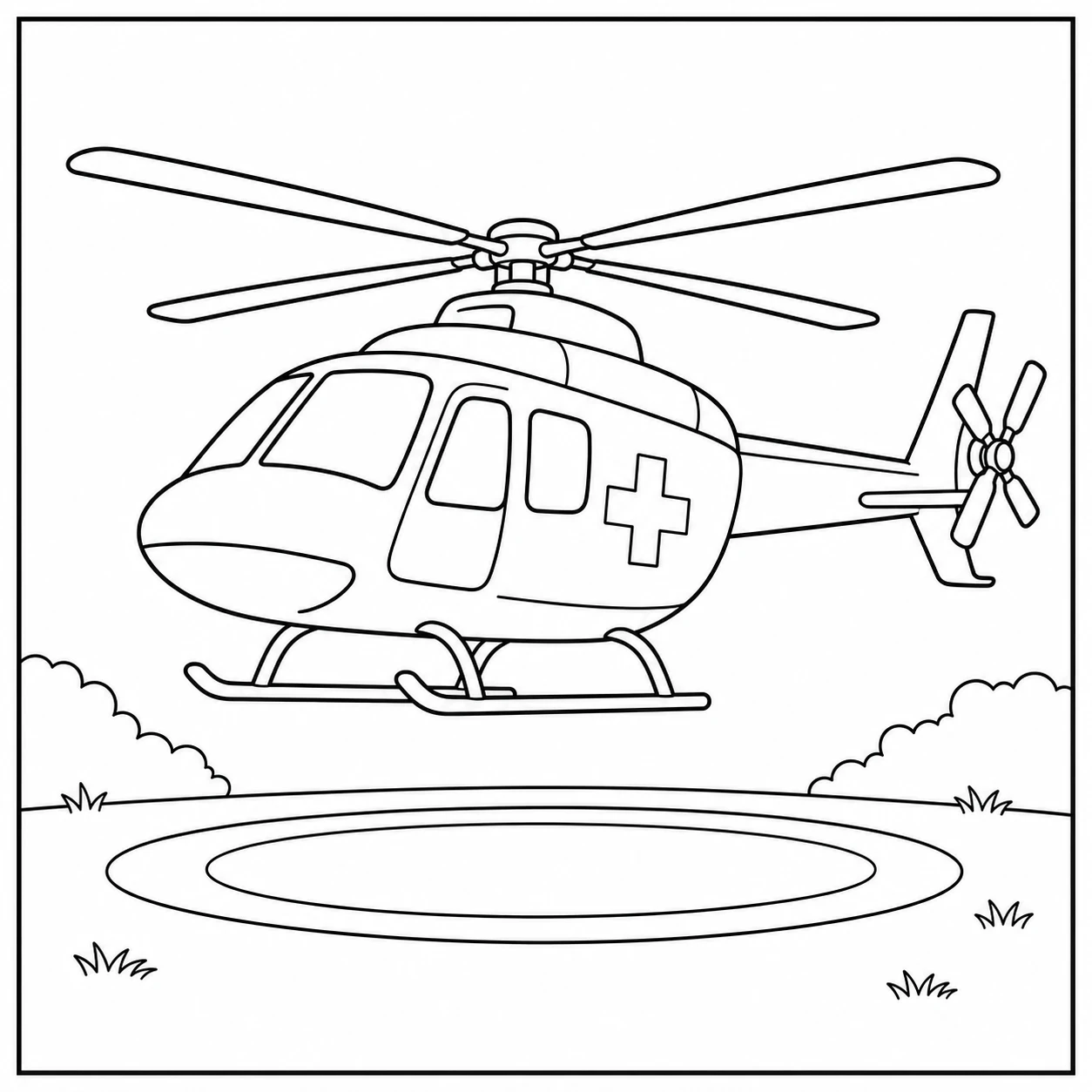 Ambulancehelikopter zweeft boven een ronde landingsplaats met struiken langs de horizon