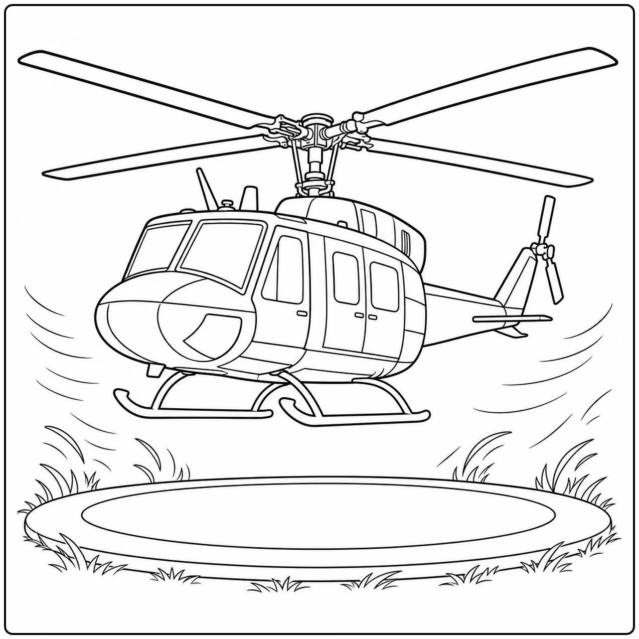 Kleurplaat leger helikopter zweeft boven een ronde landingsplaats tussen gras en planten