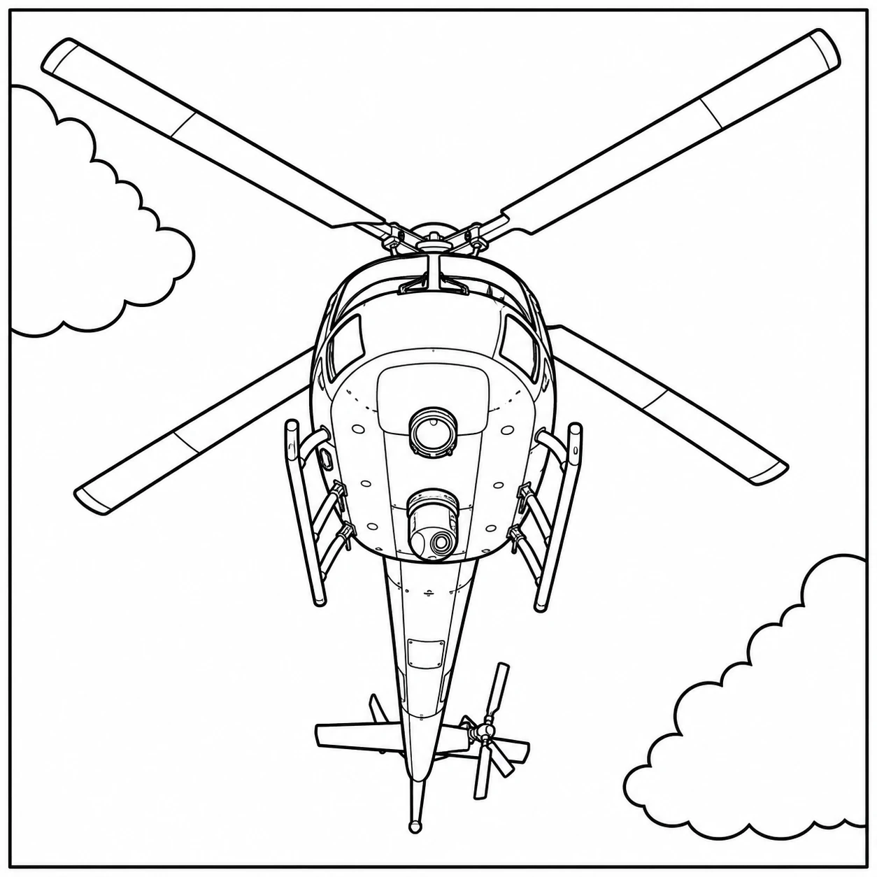 Bovenaanzicht van een kleurplaat helikopter met brede rotorbladen en kleine wolken