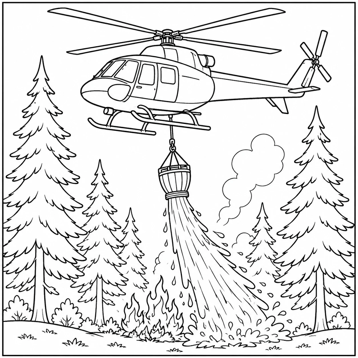 Een kleurplaat helikopter laat water vallen boven vlammen tussen hoge dennenbomen