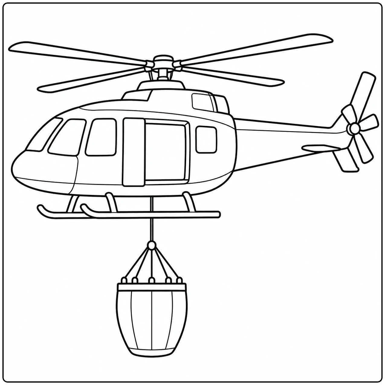 Brandweerhelikopter met een ronde waterzak die aan een kabel boven de grond hangt