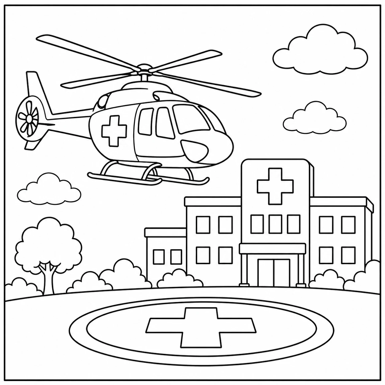 Medische helikopter vliegt bij een ziekenhuis terwijl de helikopterplaats op de voorgrond ligt
