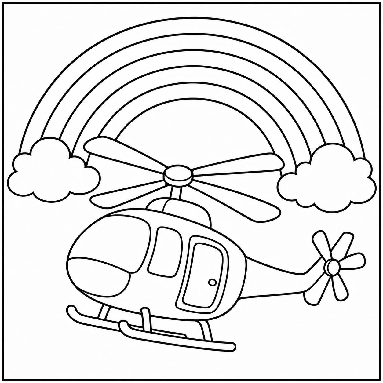 Helikopter onder een grote regenboog met wolken aan beide uiteinden