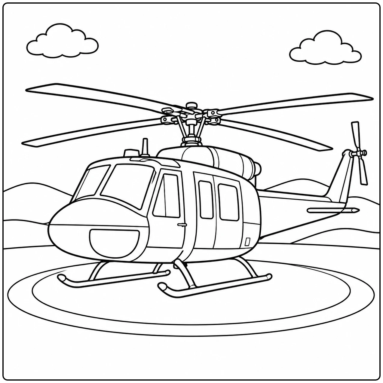 Op een ronde landingsplaats staat een kleurplaat leger helikopter tussen heuvels en wolken