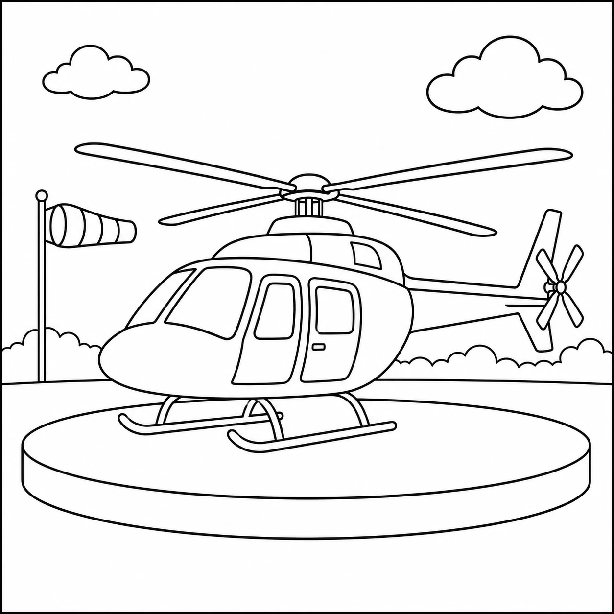 Eenvoudige kleurplaat helikopter op een rond landingsplatform naast een windzak