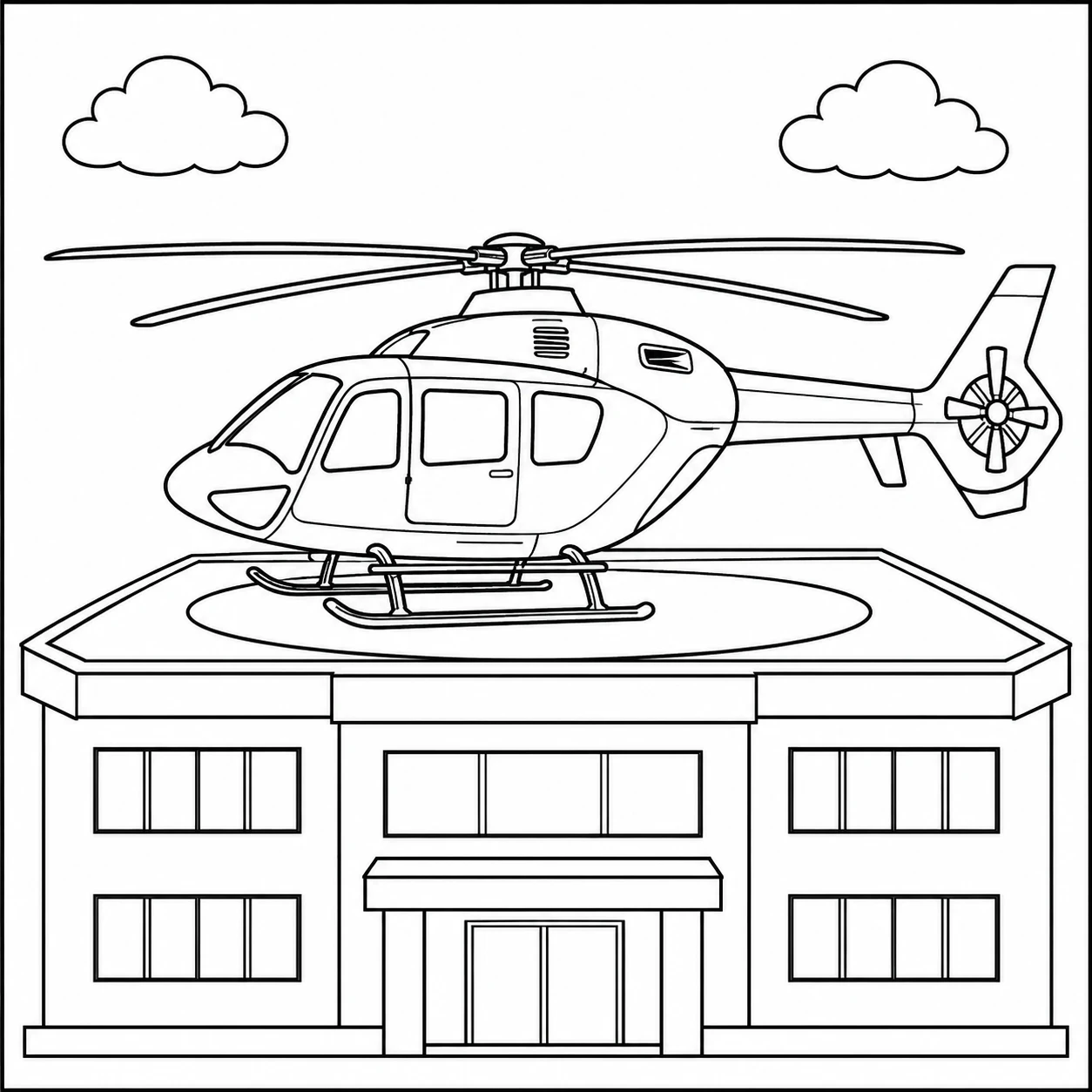 Helikopter staat op een rond landingsplatform bovenop een gebouw met wolken erachter