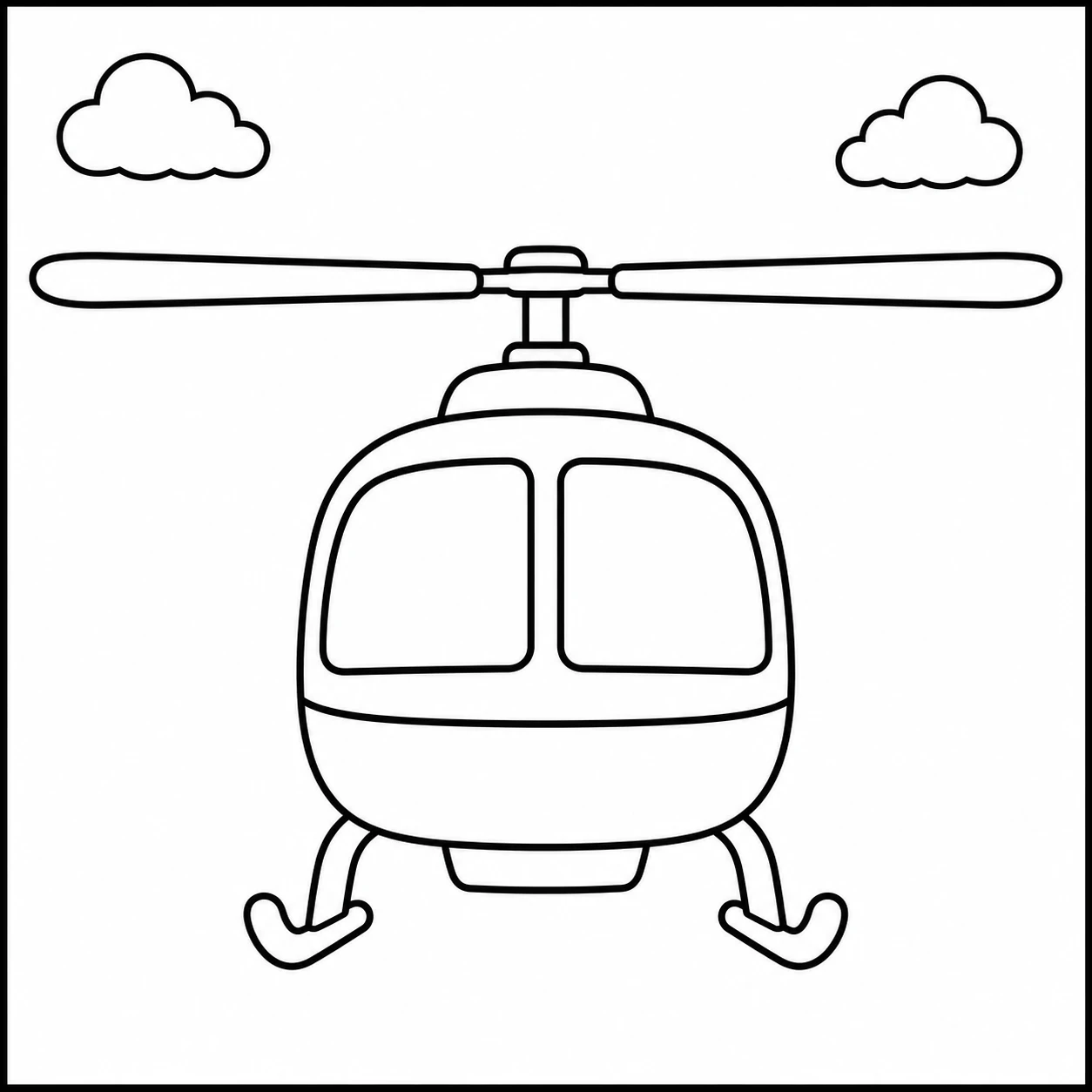Helikopter van voren met brede rotorbladen en twee wolken in de achtergrond