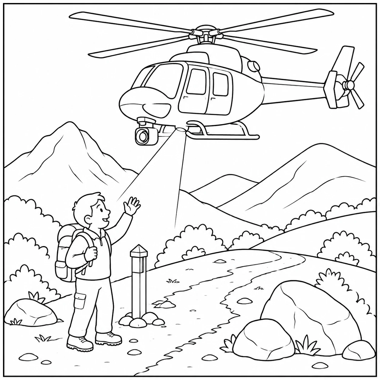 Een wandelaar zwaait op een bergpad terwijl een politiehelikopter boven hem vliegt