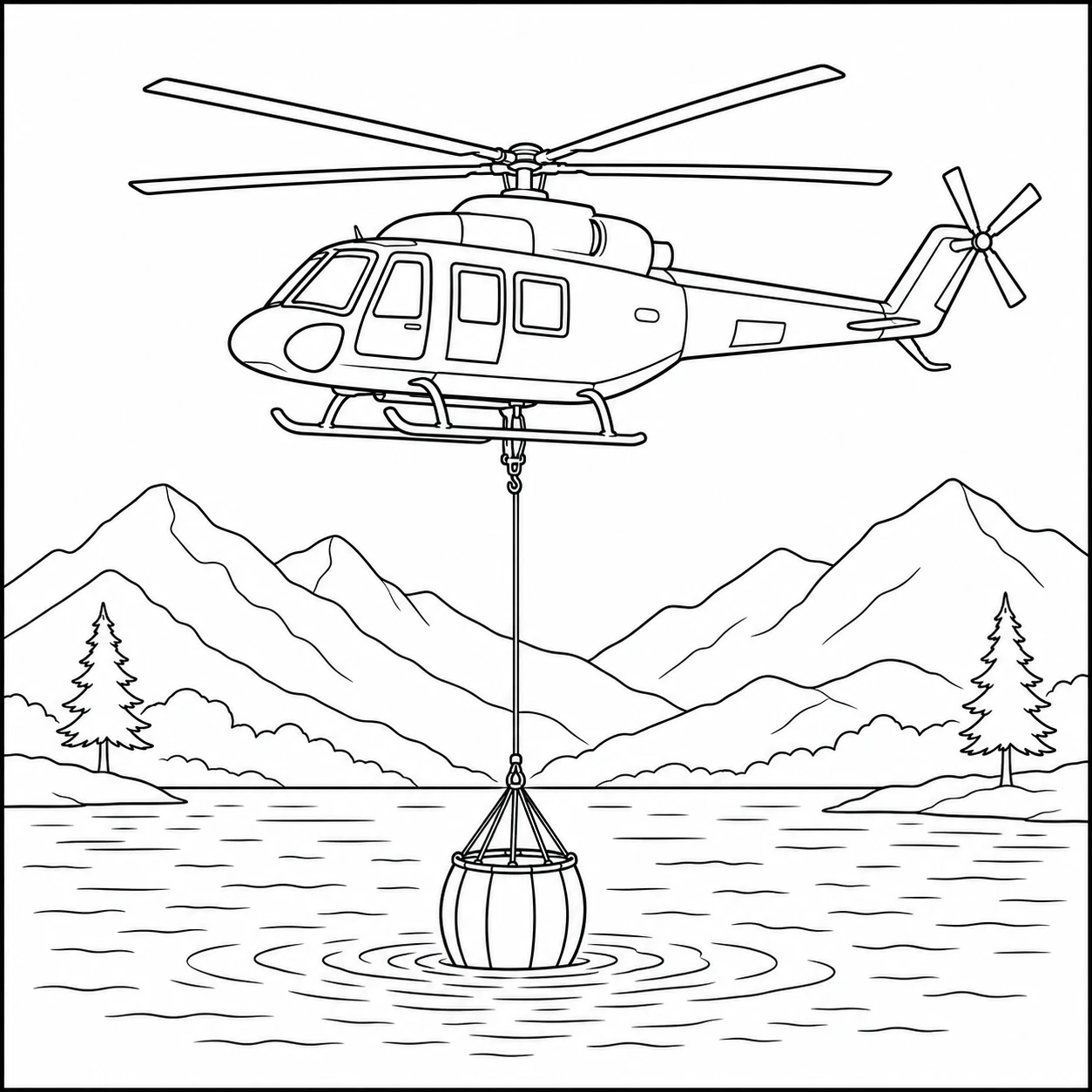 Boven een bergmeer vult een kleurplaat helikopter de waterzak aan een lange kabel