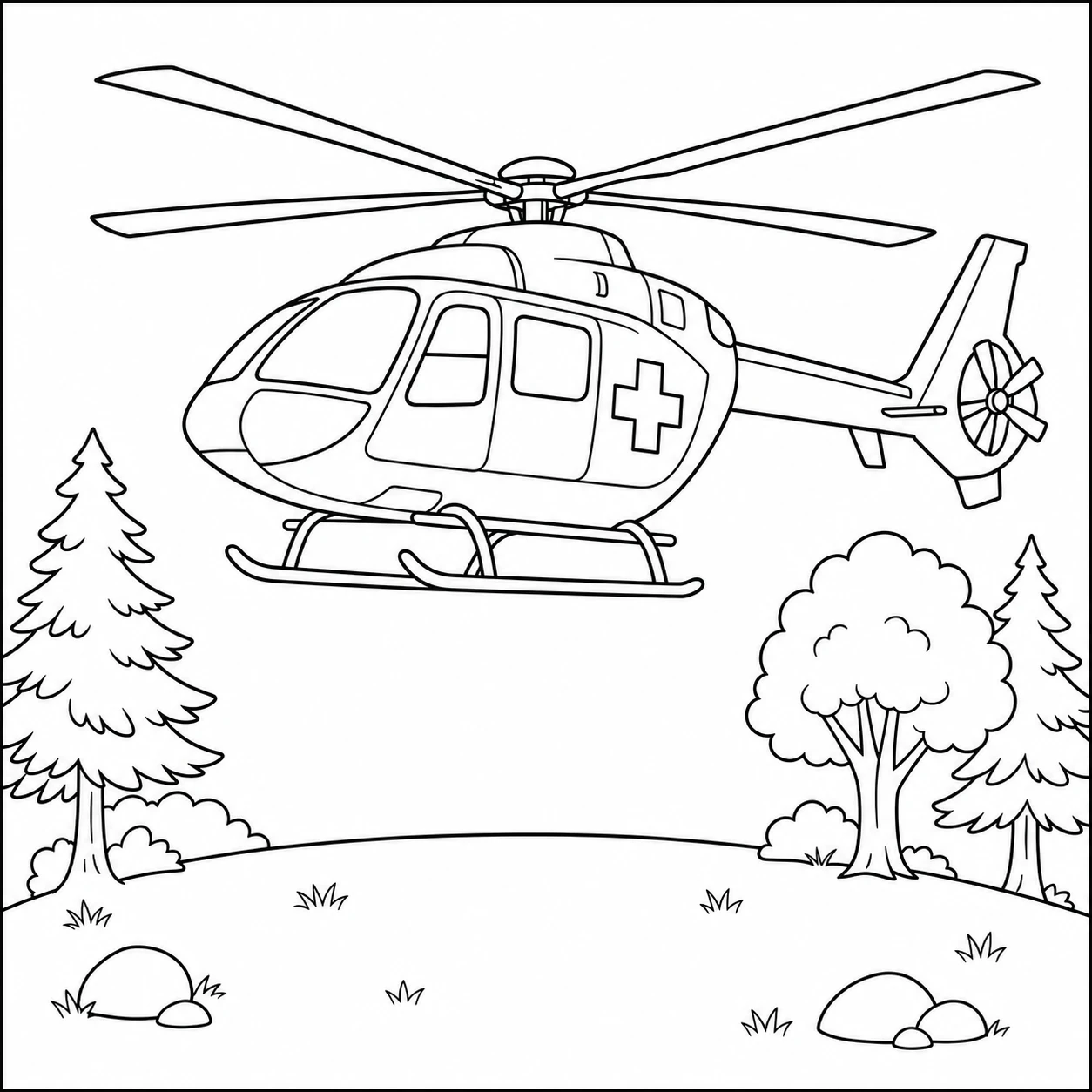 Boven een open plek in het bos hangt een medische helikopter tussen dennen en loofbomen