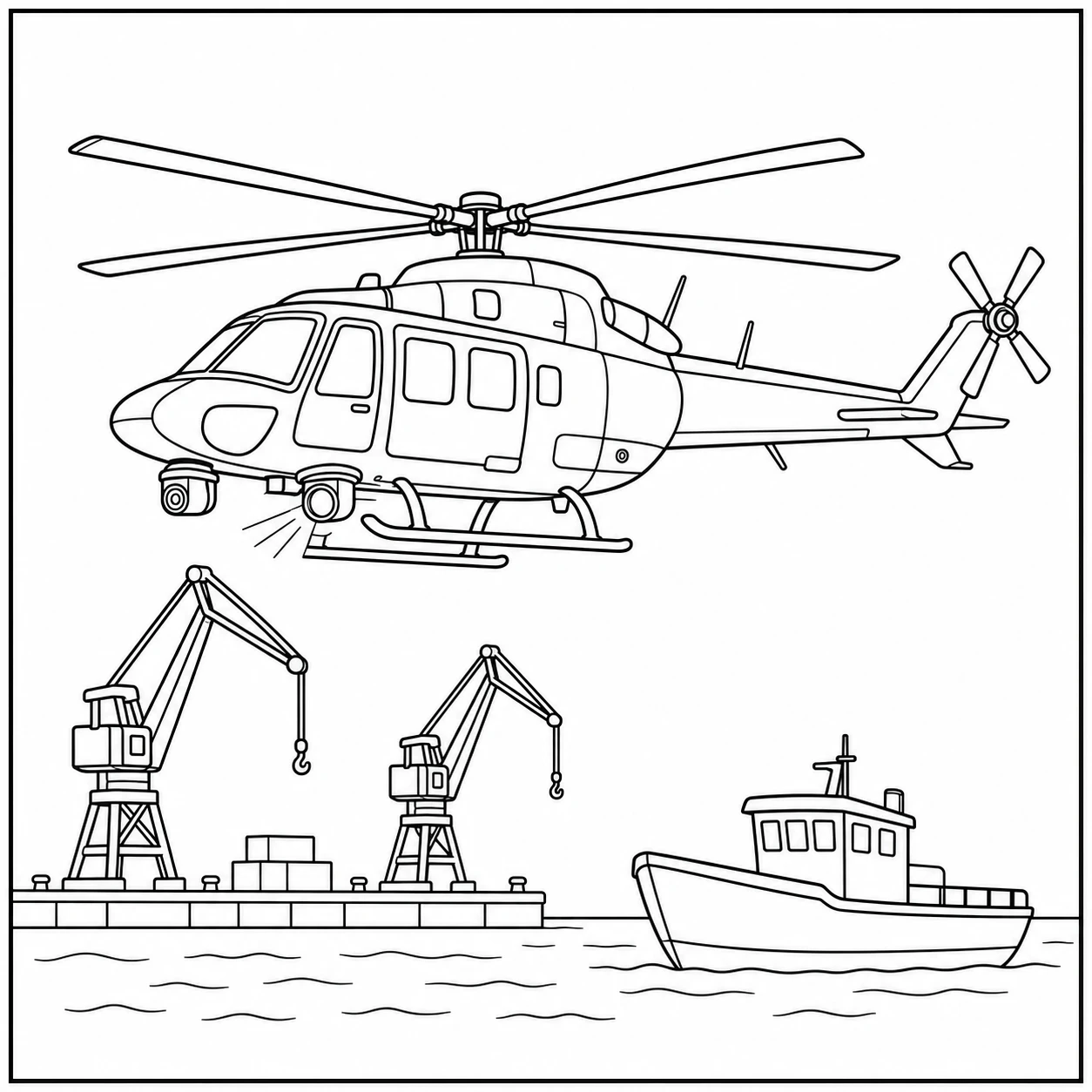 Helikopter vliegt boven een haven met twee kranen, een boot en rustige waterlijnen