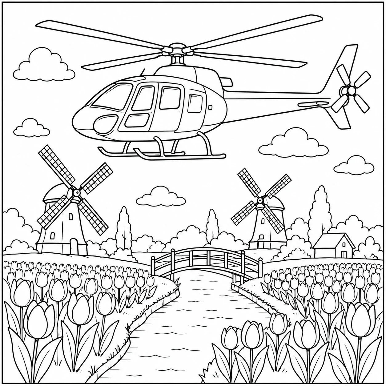 Helikopter vliegt boven tulpenvelden, een kanaal, bruggen en Nederlandse windmolens