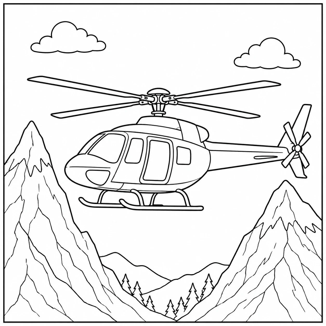Helikopter zweeft tussen hoge bergtoppen met enkele wolken boven de rotor