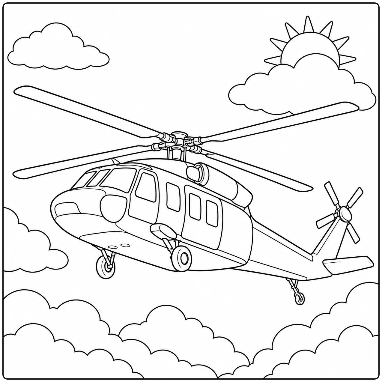 Helikopter vliegt schuin door de wolken terwijl de zon boven het toestel verschijnt