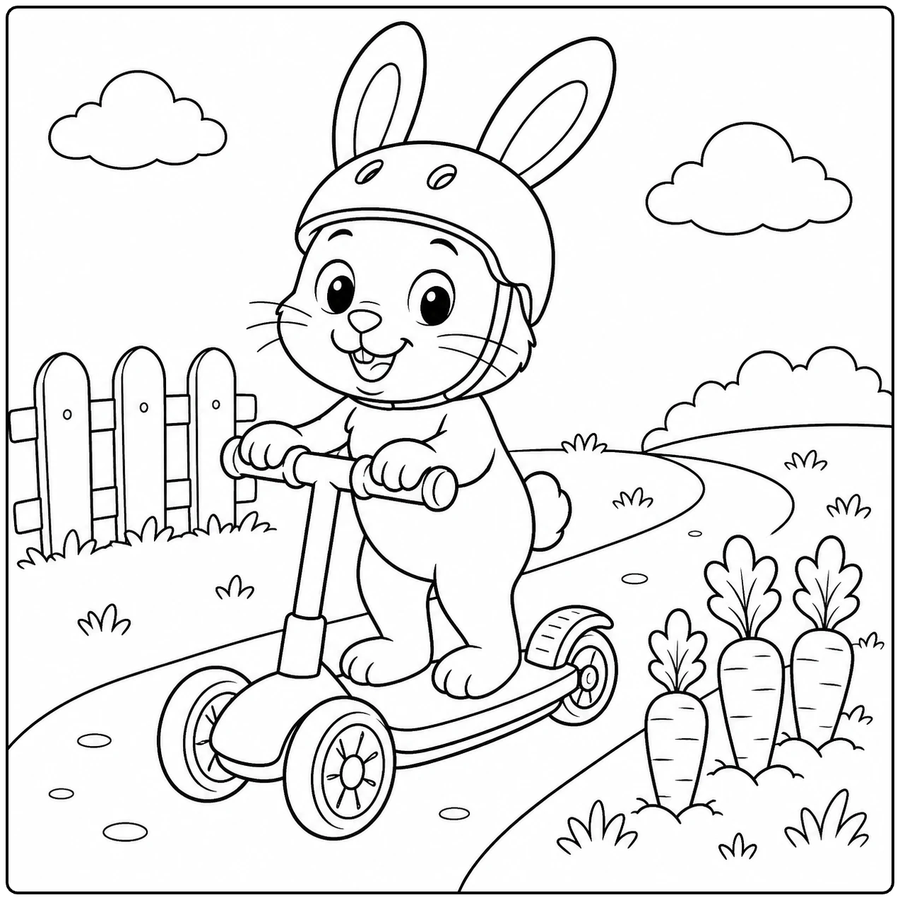 Konijn met helm rijdt op een driewielige step langs een tuinpad met hek en wortelplanten.