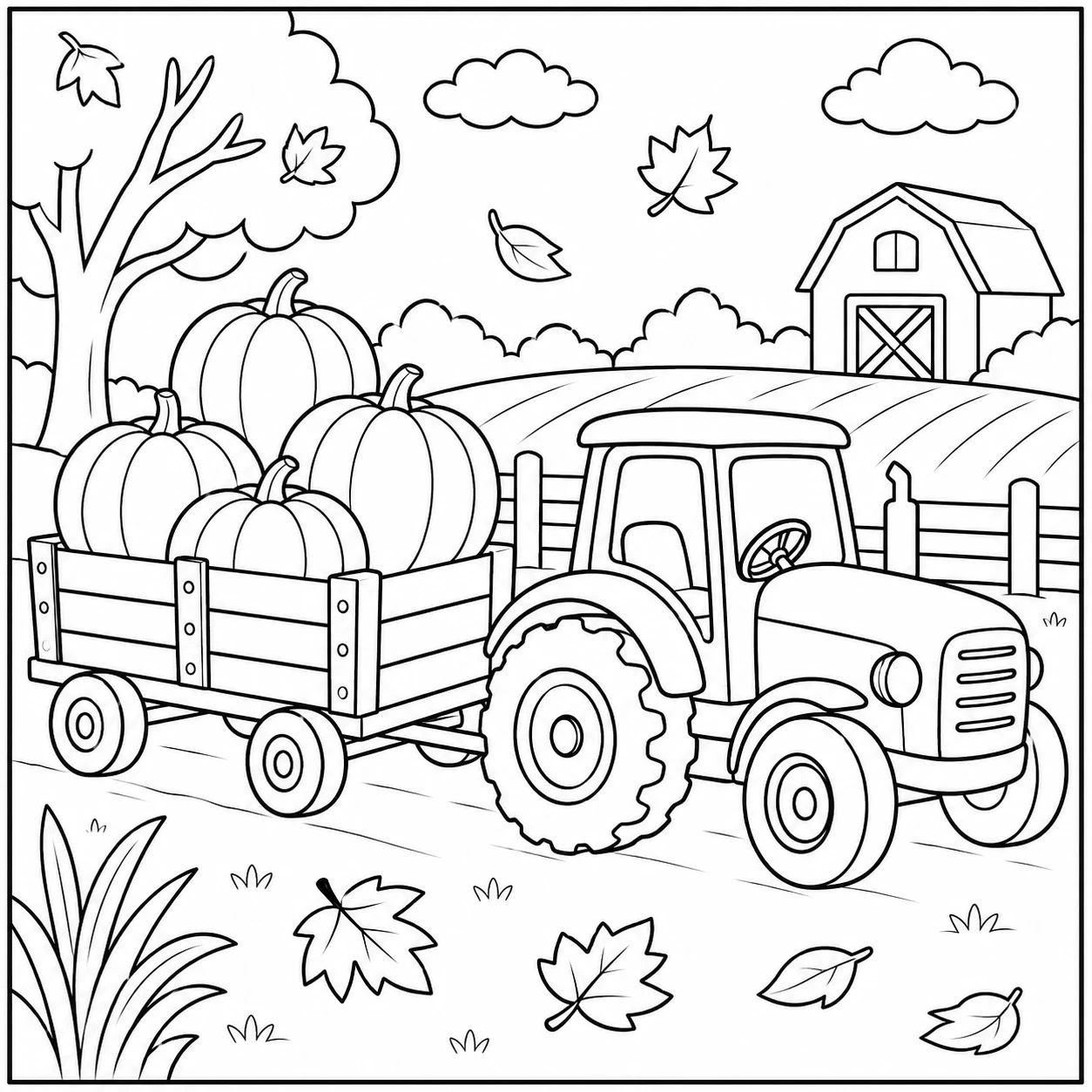 Kleurplaat tractor met aanhanger met pompoenen op een herfstboerderij vol bladeren
