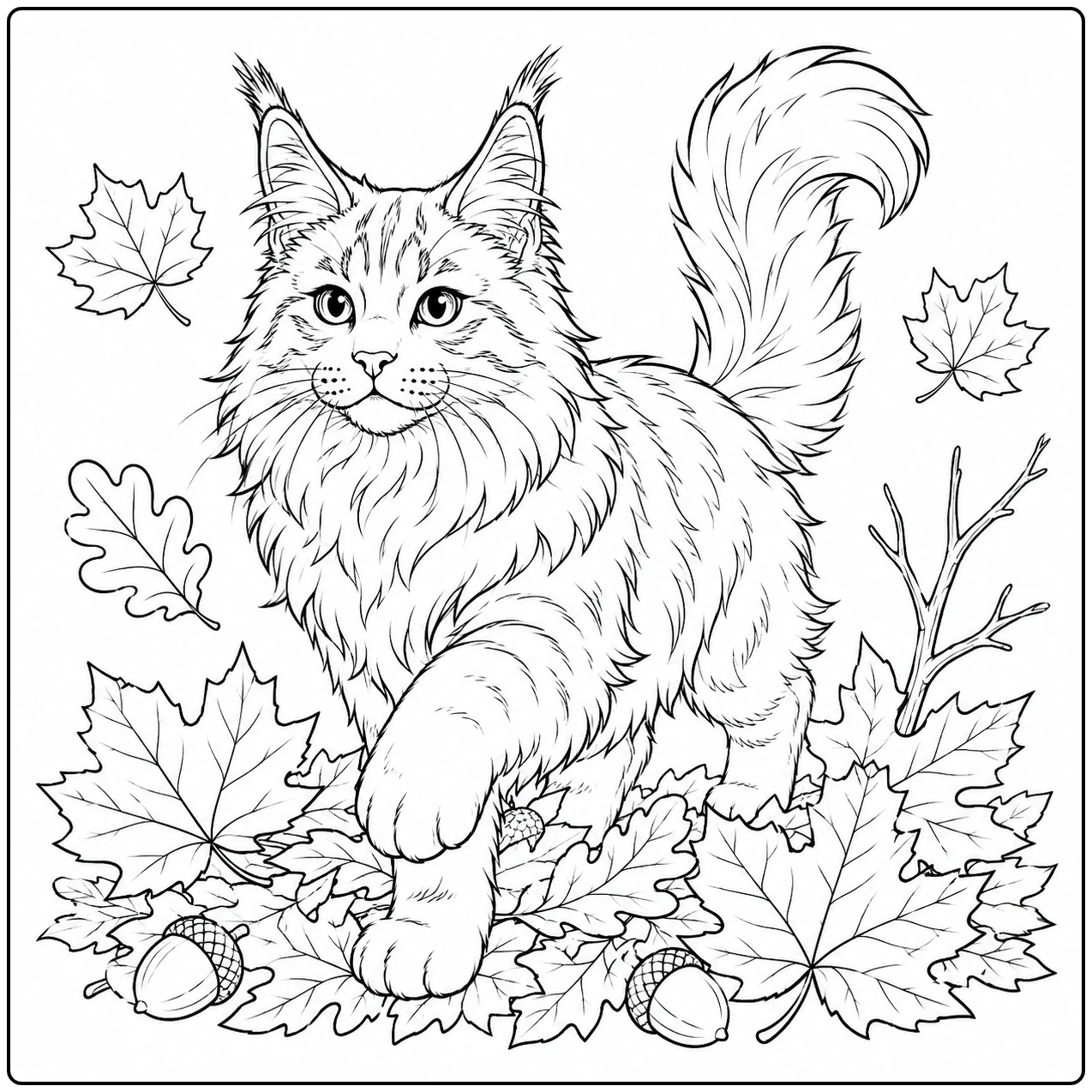 Maine Coon wandelt tussen herfstbladeren, takjes en eikels in deze kleurplaat maine coon.
