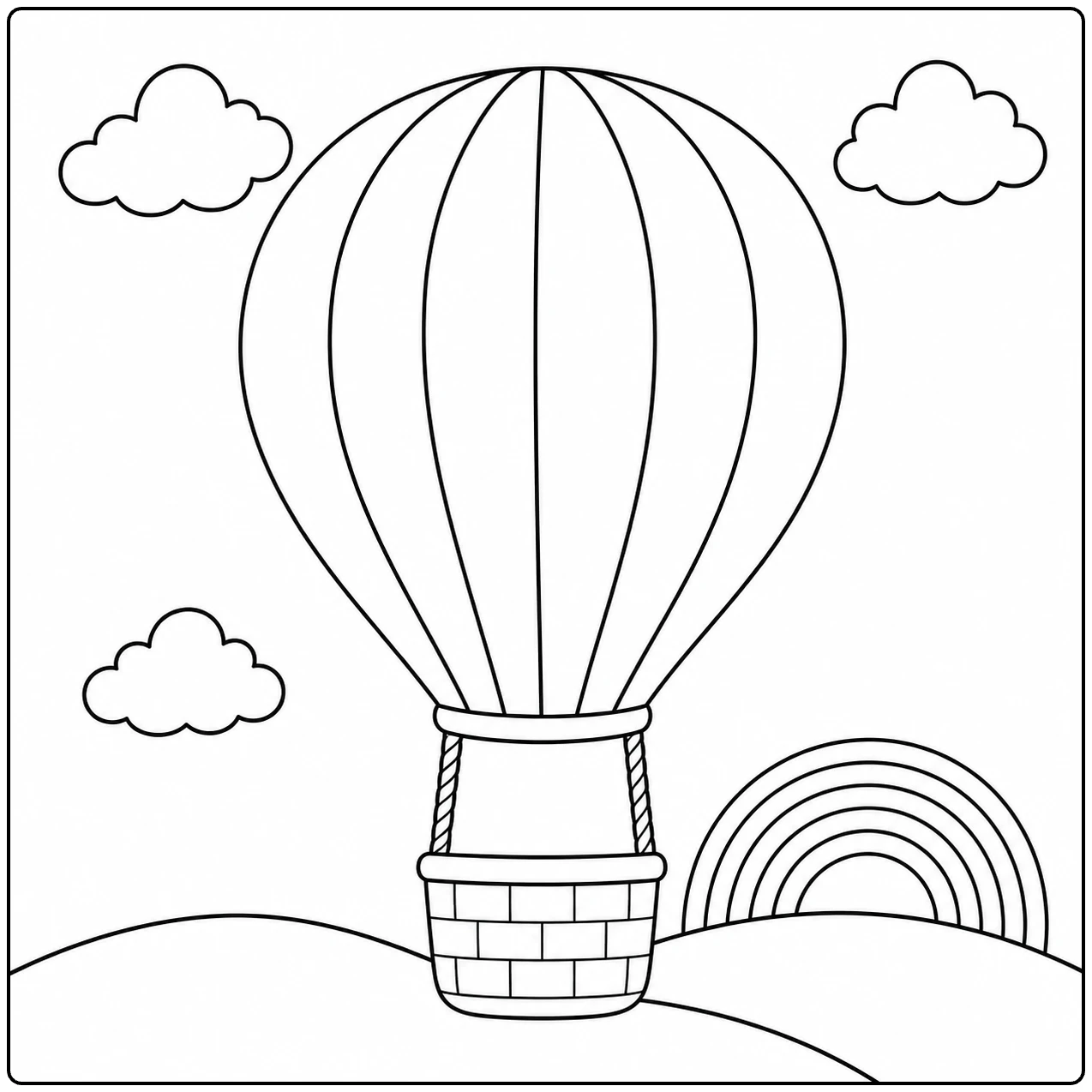 Grote heteluchtballon boven heuvels, met wolken en een kleine regenboog aan de horizon