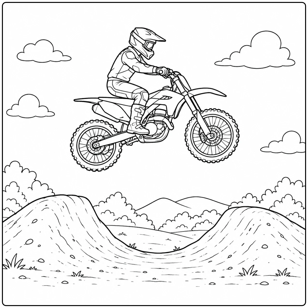 Een hoge sprong boven heuvels maakt deze crossmotor kleurplaat dynamisch en duidelijk herkenbaar