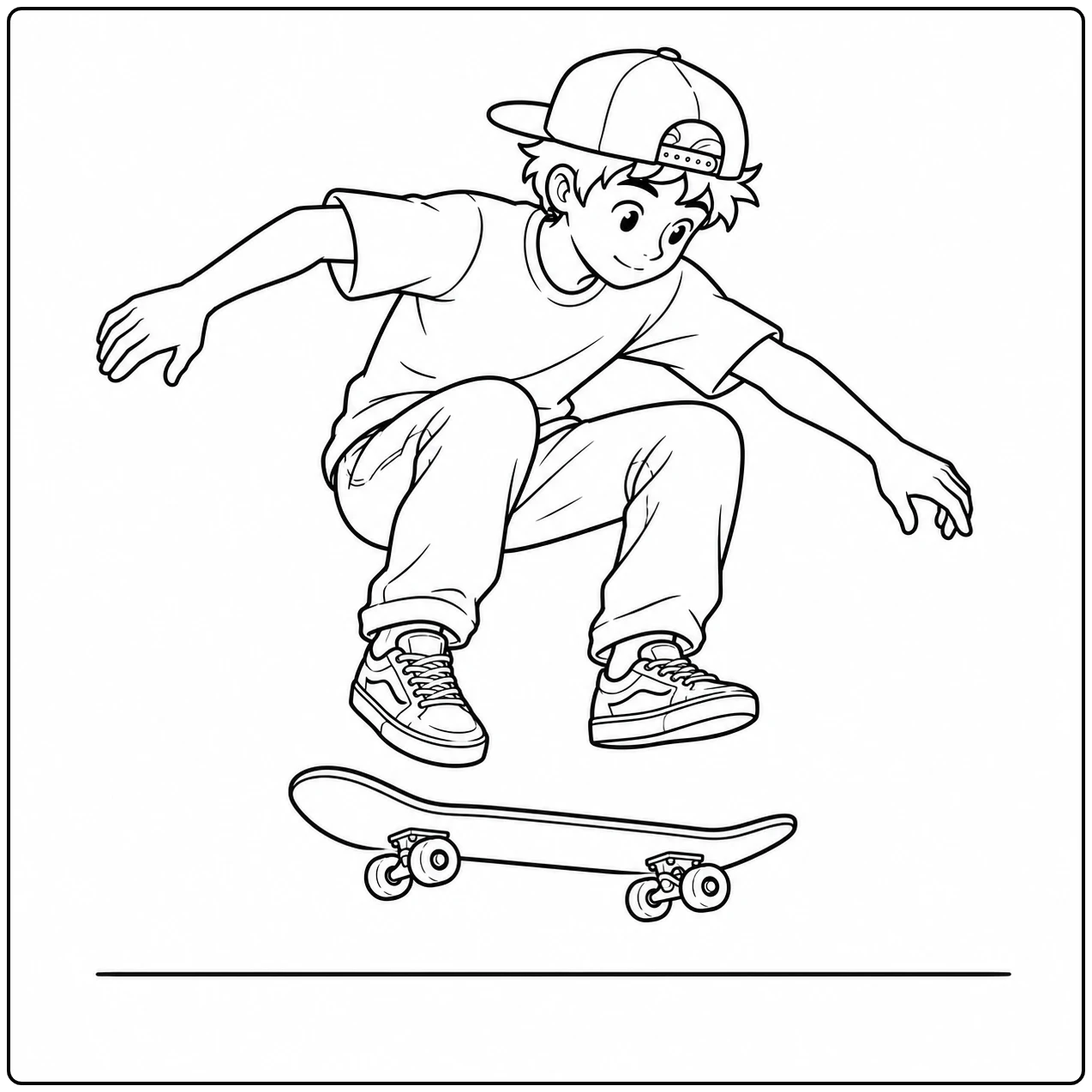 Skater springt hoog boven zijn board en voert een stoere truc uit met gebogen knieën
