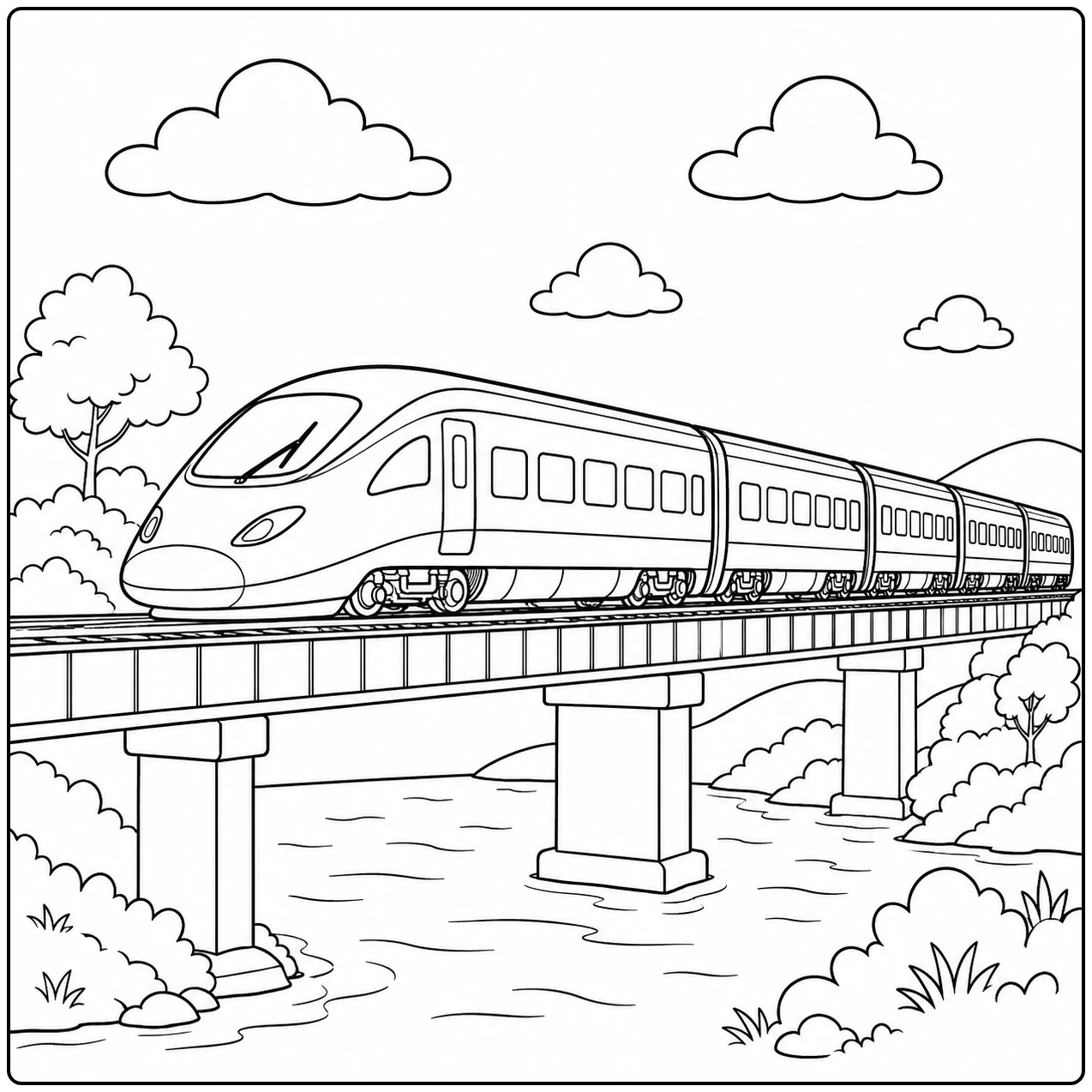 Lange Moderne en Hogesnelheidstrein Kleurplaat met een snelle trein op een brug boven het water