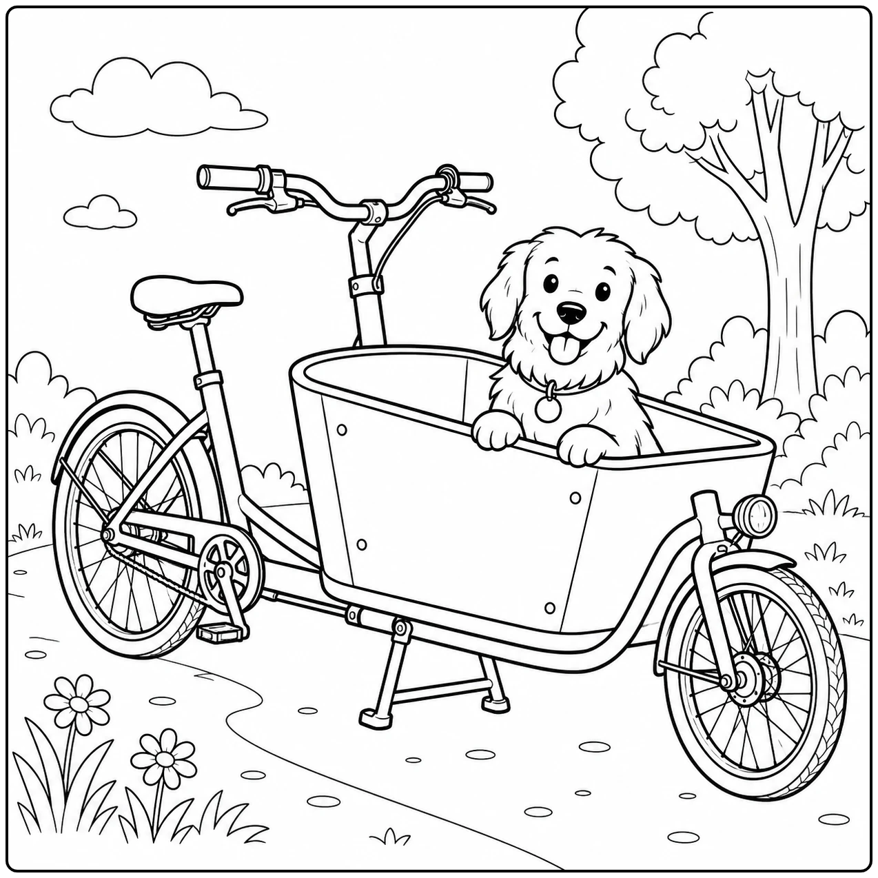 Bakfiets met een vrolijke hond in de laadbak staat op een rustig pad tussen bloemen en bomen
