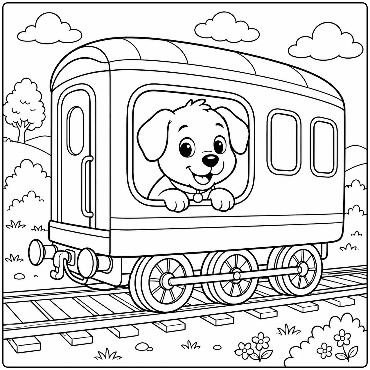 Een hond kijkt uit het raam van een kleurplaat trein die door een landschap met bomen en bloemen rijdt