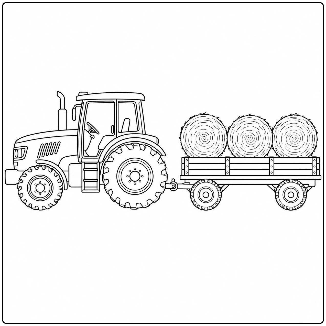 Drie ronde hooibalen liggen op een platte wagen achter de tractor in een open zijaanzicht