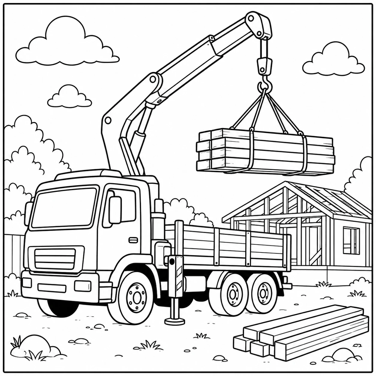 Kleurplaat vrachtwagen met kraan die een bundel houten planken boven een bouwplaats tilt.