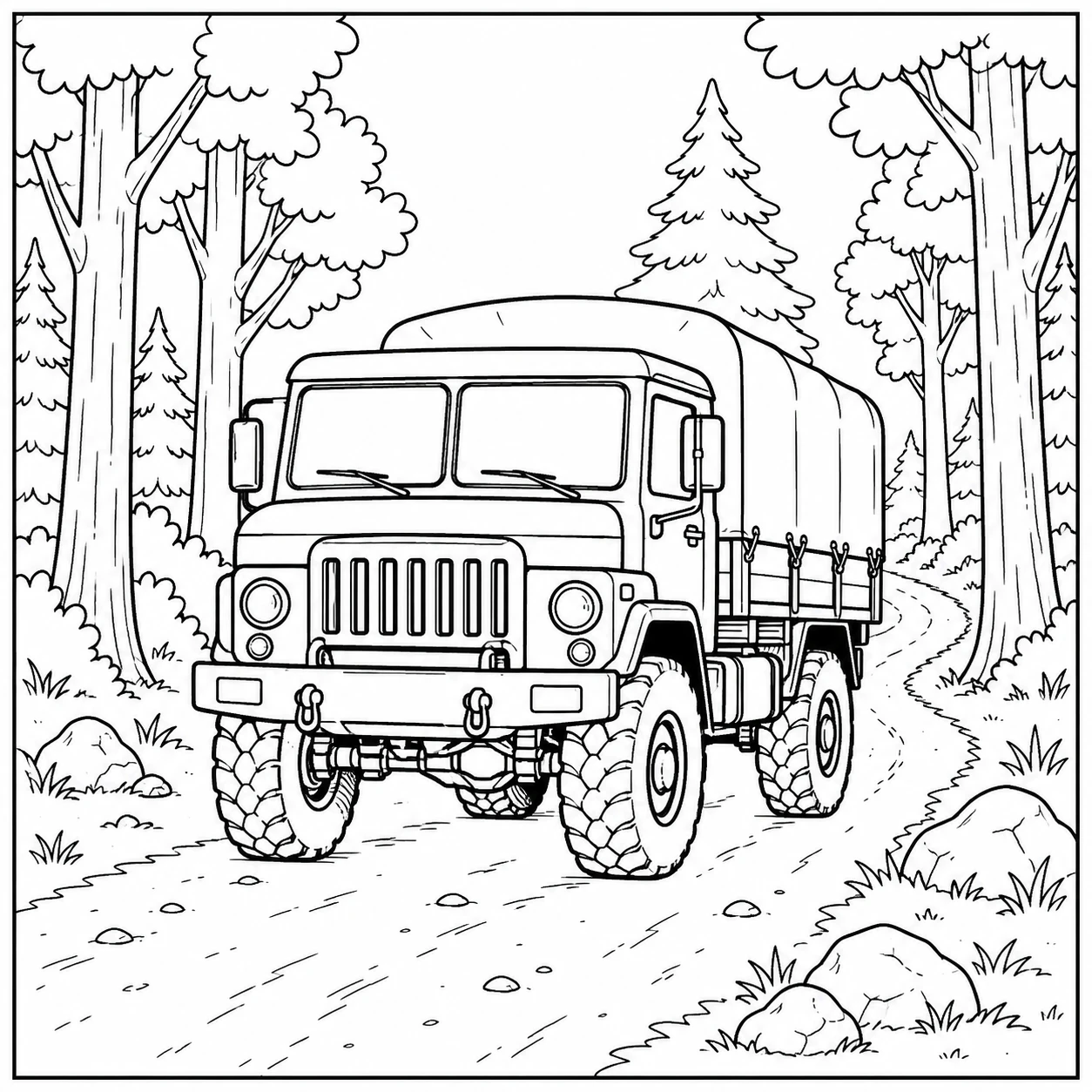 Huiftruck rijdt recht vooruit over een smal bospad tussen hoge bomen en dennen.