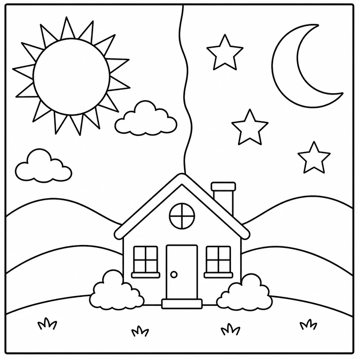 Gezellig huis onder een gedeelde dag- en nachthemel met zon, maan en sterren.