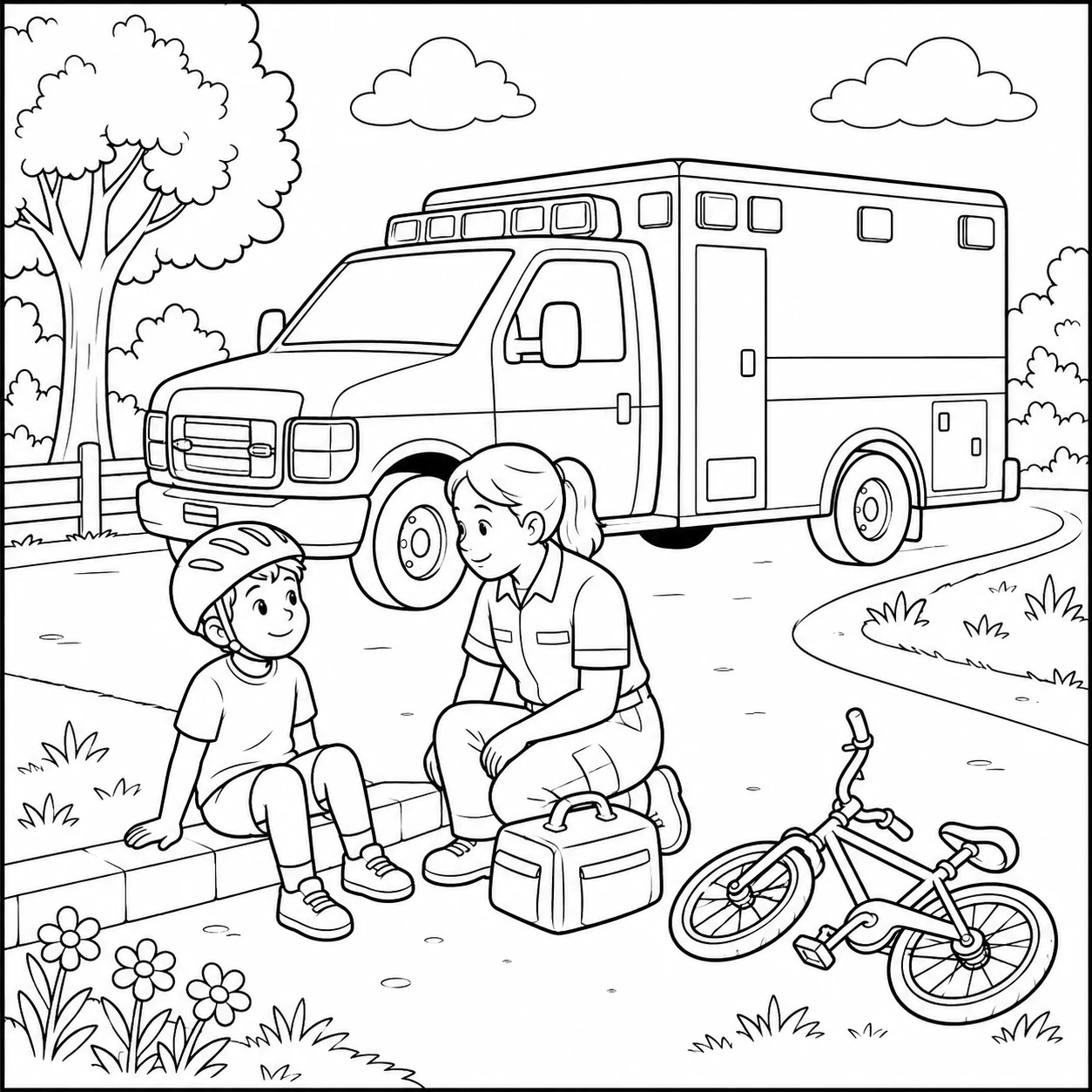 Kind met fietshelm krijgt hulp naast een gevallen fiets en een geparkeerde ambulance