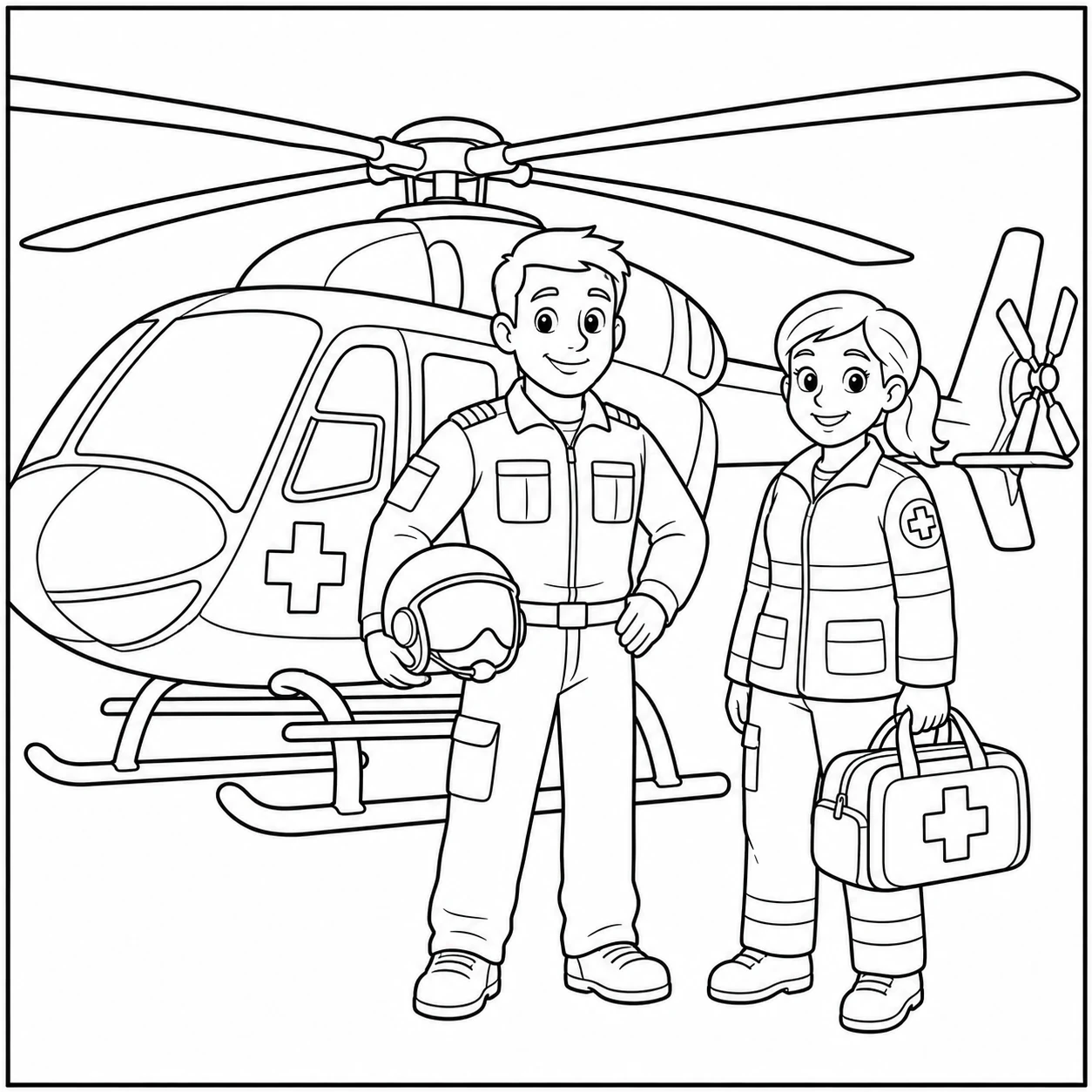 Twee hulpverleners staan met helm en EHBO-koffer voor een kleurplaat ambulance helicopter