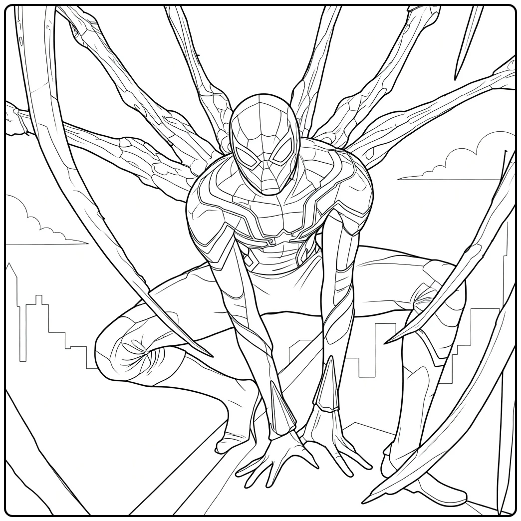 Spiderman Kleurplaat van een maskerfiguur die hurkt met tentakels