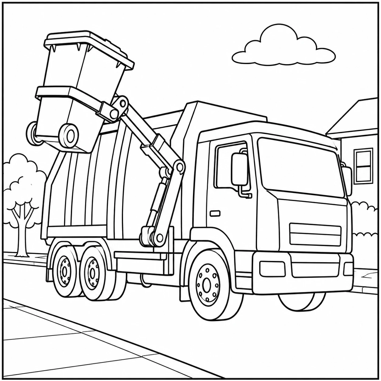 Grote vrachtwagen met hydraulische arm die een container optilt tijdens de afvalinzameling