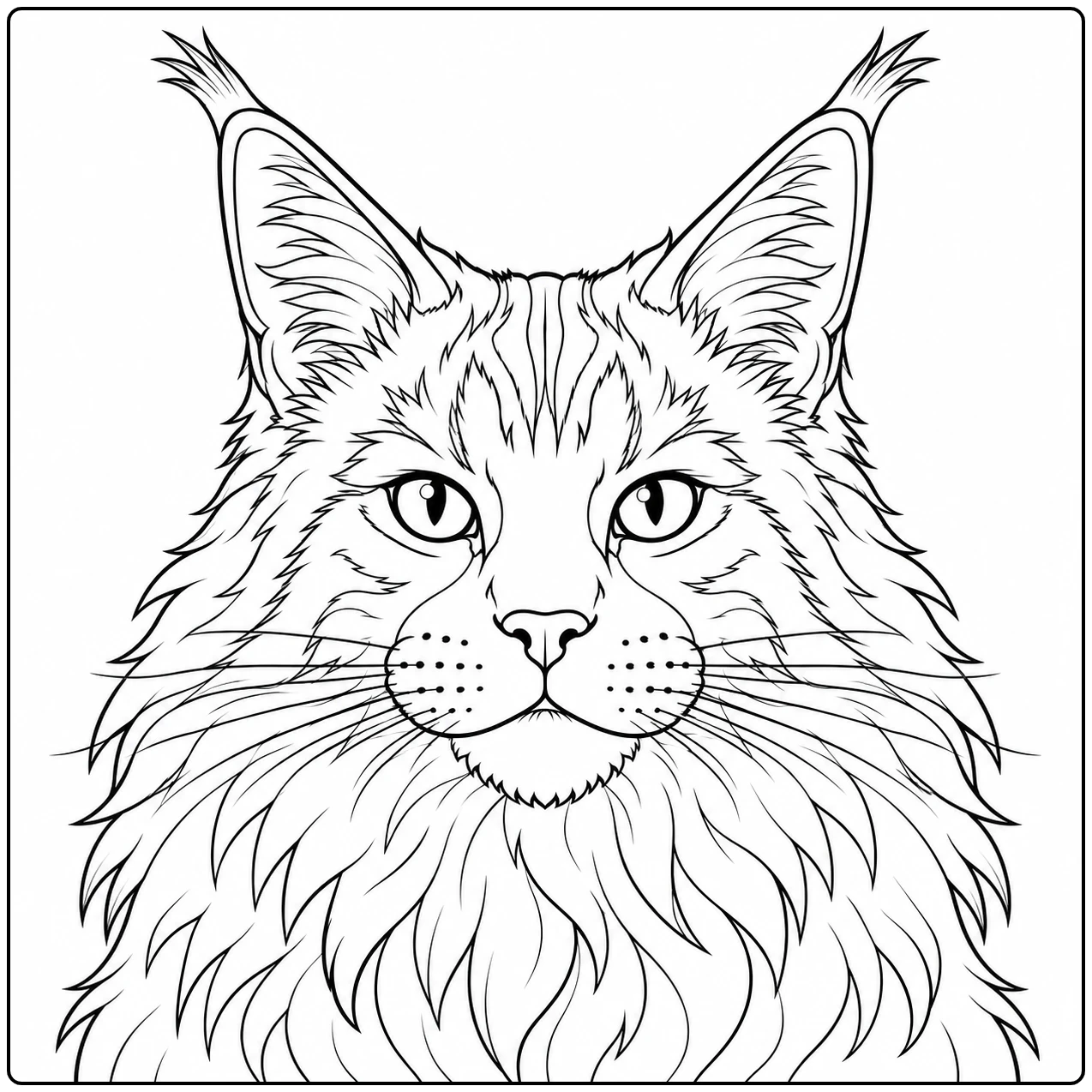 Close-up van een langharige kattenkop met pluimoren en scherpe ogen, als kleurplaat maine coon.