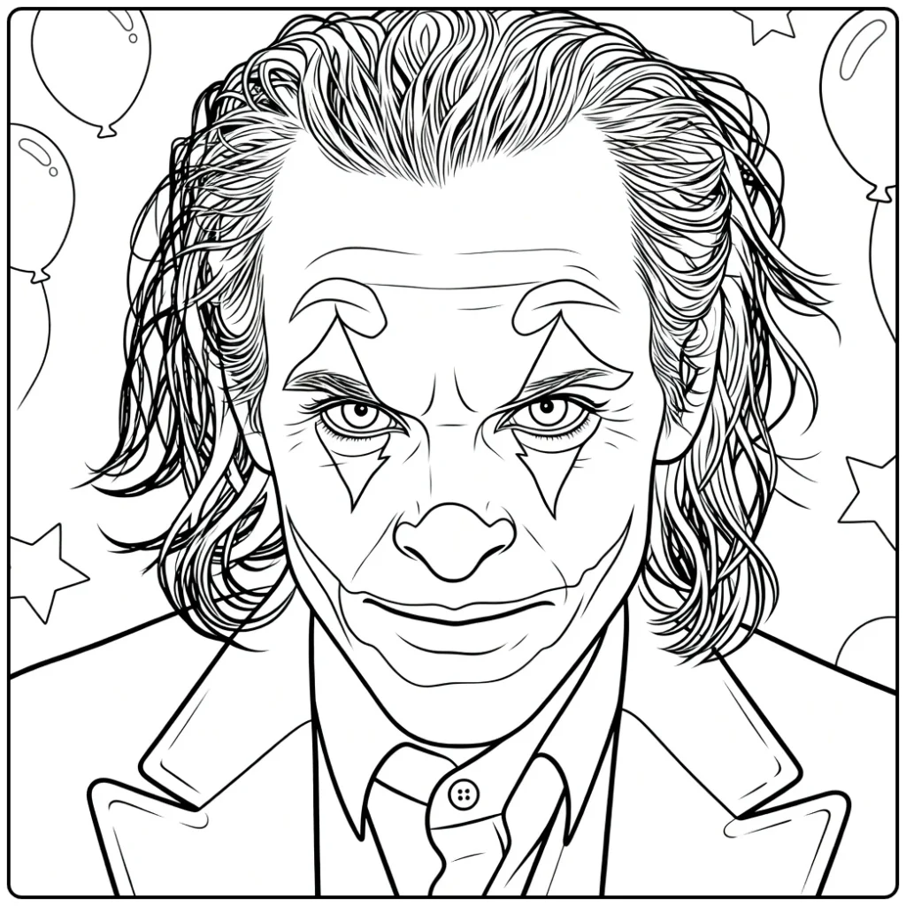 Joker Kleurplaat met een clown met warrig haar en paarse jas die recht vooruit kijkt