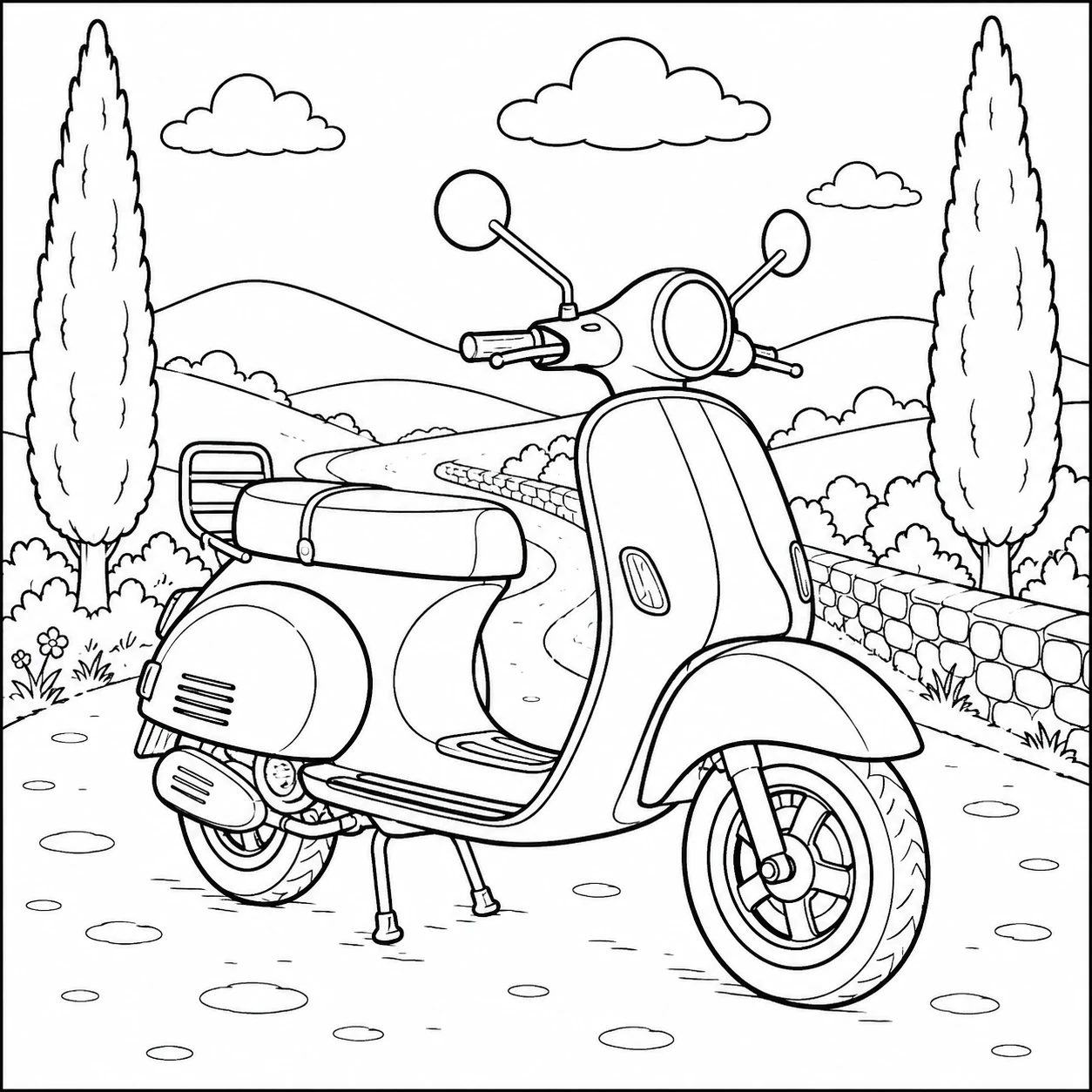Italiaanse scooter op een landelijke weg met hoge bomen, heuvels en een lage stenen muur
