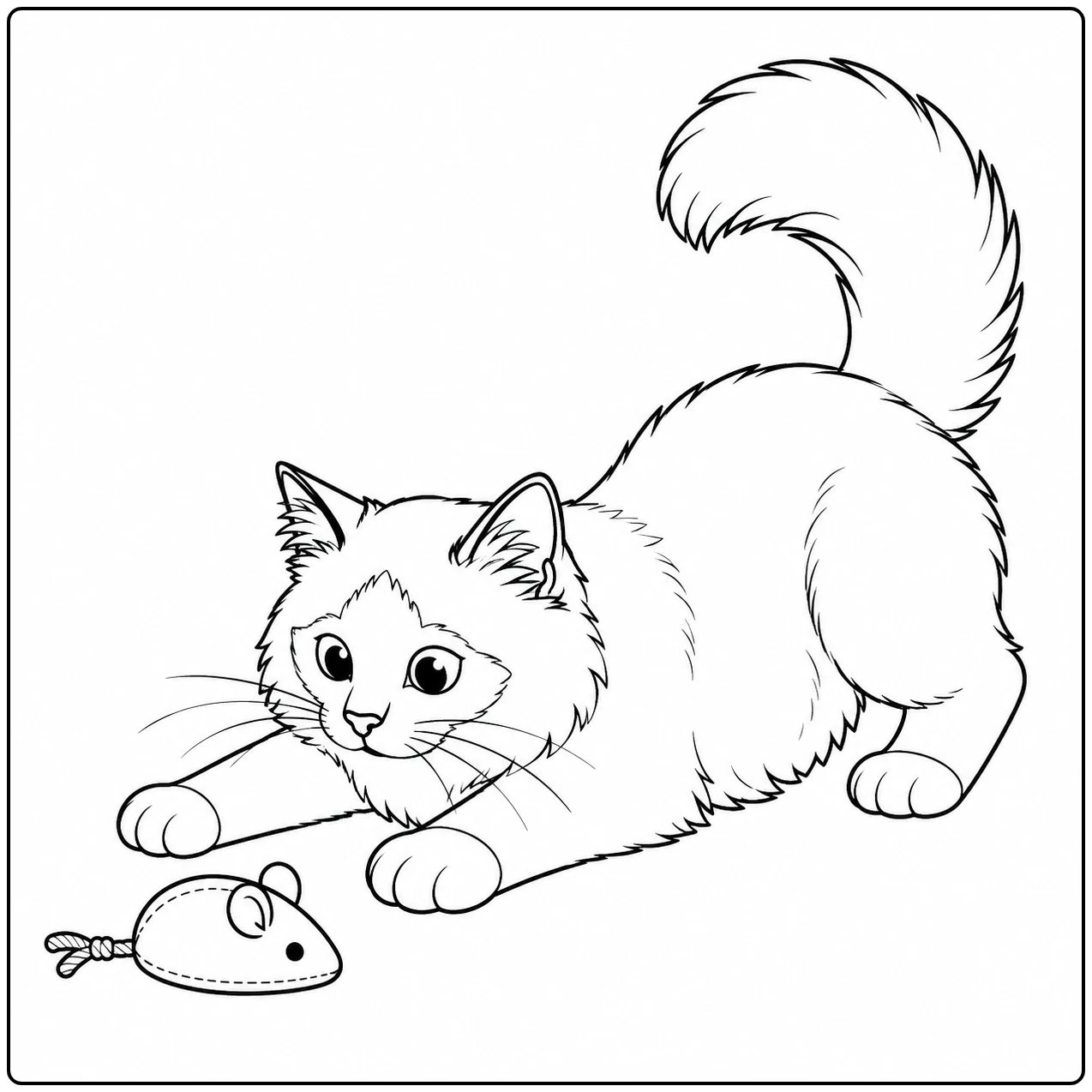 Laag bij de grond speelt een nieuwsgierige kat met een speelgoedmuis; een kleurplaat heilige birmaan vol beweging.
